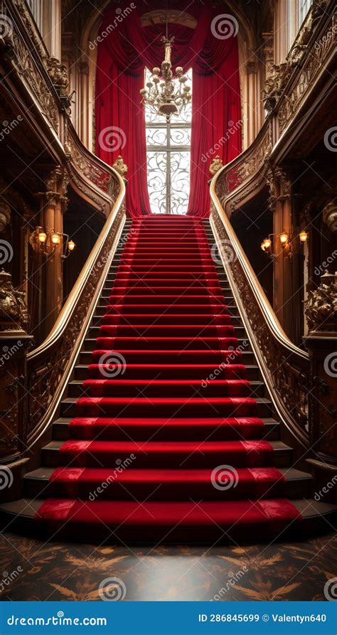 Red Carpeted Staircase Leading Up To Large Window Generative Ai Stock