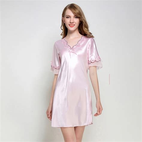 New Women Satin Sleepwear Silk Nightgown Half Sleeve Embroidery Night Dress Sexy Nightie Dress