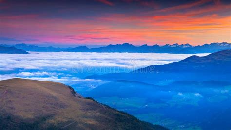 Foggy Summer Sunrise Italian Alps Dolomites Mountains I Stock Photos