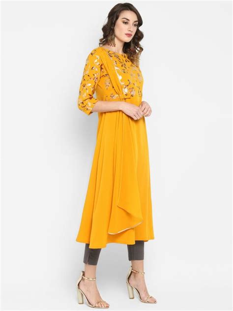 Janasya Women Mustard Foil Print Poly Crepe Kurta Jiomart