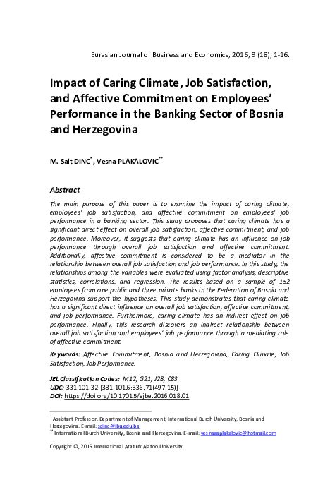 Pdf Impact Of Caring Climate Job Satisfaction And Affective