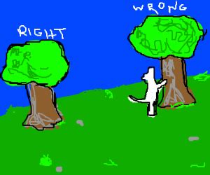 The term was used literally at first, when wily prey animals such as raccoons would trick dogs into believing they were up a certain tree when in fact they had escaped. A dog barking up the wrong tree. - Drawception