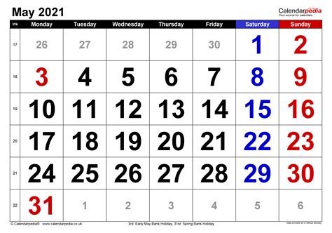 Calendar May 2021 Uk With Excel Word And Pdf Templates