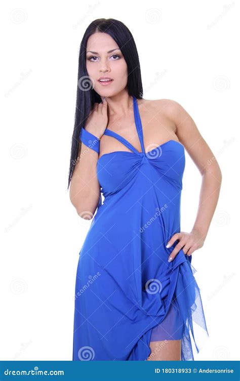 Portrait Of A Young Beautiful Brunette Woman In Blue Dress Stock Image Image Of Close Hair