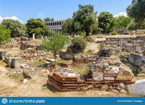 Landscape Of Ancient Greek Ruins In Agora Athens Greece Europe Stock