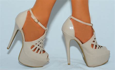Beige Strappy Sandals Platform Stiletto High Heels Patent Leather Shoes