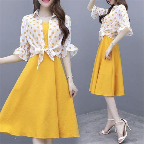 Women Chiffon Aline Dress Korean Style 2 Piece Set Dresses Lady Elegant Loose Knee Length Suit