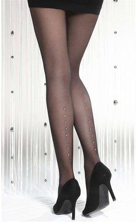 Womens Sheer Black Tights With Back Seam And Shimmering Sparkling Glittery Design Silver Party