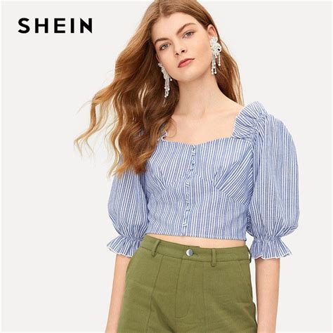 Shein Blue Buttoned Ruffle Trim Striped Crop Ladies Tops Blouses 2019 Summer Sweetheart Square