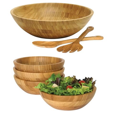 Buy Set Of Wooden Bamboo Salad Bowls With Serving Hands And Serving