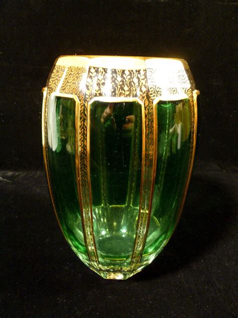 Vintage Exquisite Quality Moser Gilt And Green Cabochon Glass Vase Wine Glass Glass
