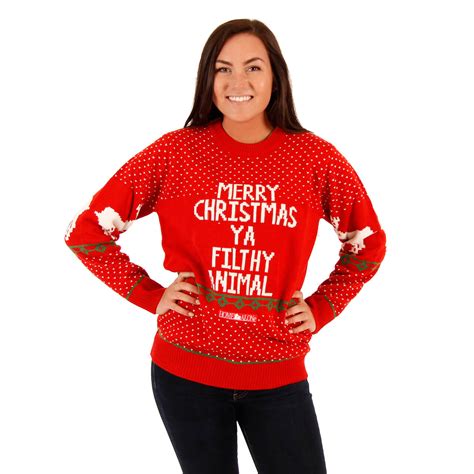Ladies ugly christmas sweater merry christmas you filthy animal slouchy sweatshirt. Women's Red Filthy Animal Sweater