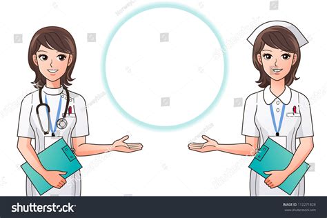 Young Pretty Nurses Guiding Information Indicating Stock Vector