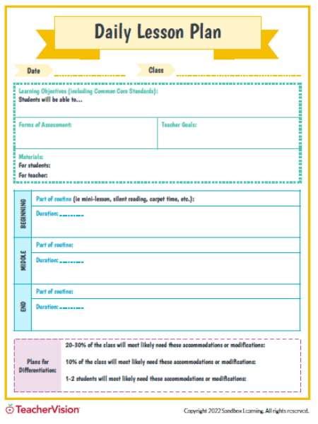 Free Printable Daily Lesson Plan Template Teachervision