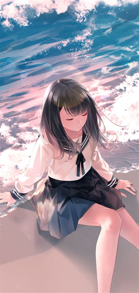 1080x2280 Anime Girl Sitting Waves School Uniform 4k One Plus 6huawei