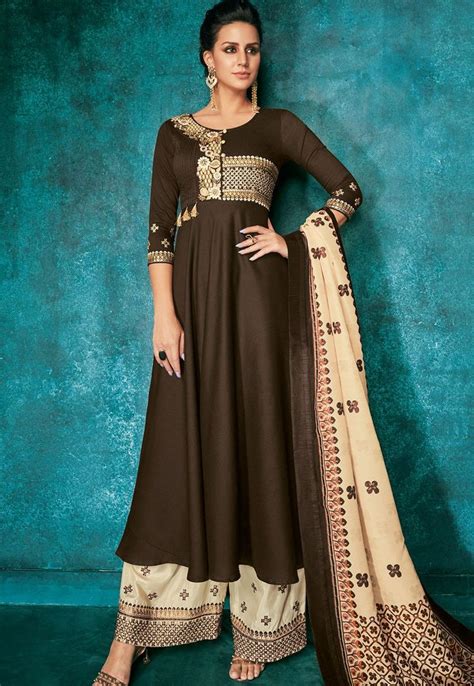 Dark Brown Muslin Long Embroidered Palazzo Style Suit 724 Pakistani