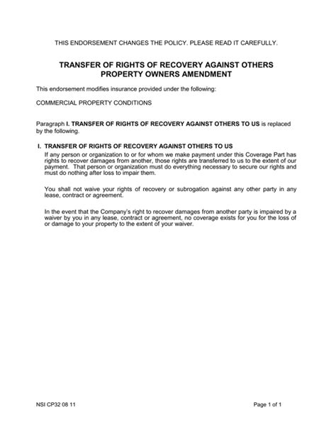 Transfer Of Rights Of Recovery Against Others Property Owners Amendment