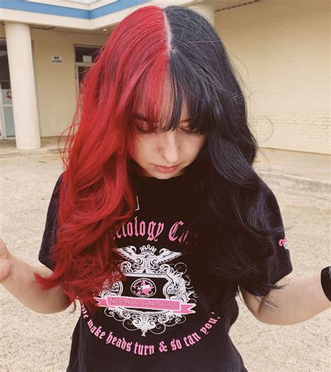 Half And Half Hair Color Red And Black Half And Half Hair Half Colored Hair Split Dyed Hair