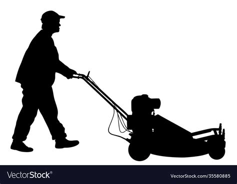 Gardener Man Mowing Lawn Mower Silhouette Vector Image