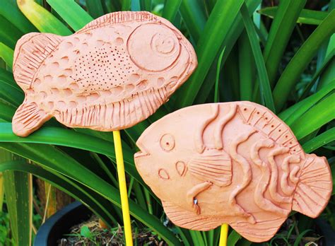 Fish On Sticks Garden Sculptures Made From Clay Garden Art