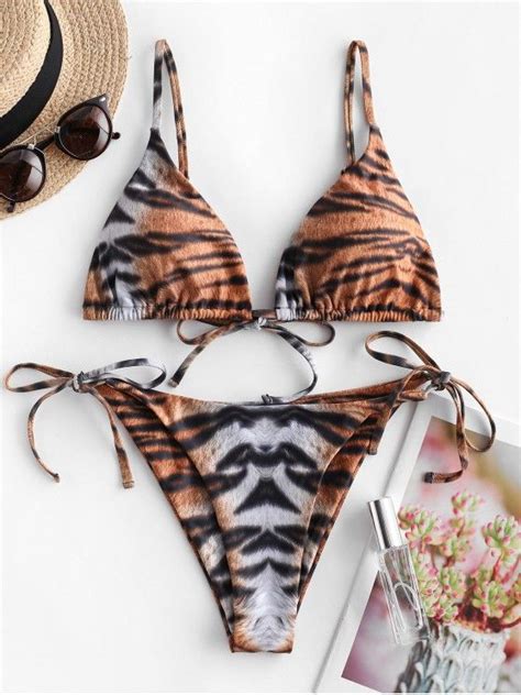 OFF ZAFUL Tiger Print Tie Side String Bikini Swimsuit In