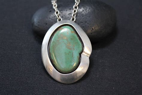 Stunning Sterling Silver Signed Native American Green Turquoise Necklace Large Green Turquoise