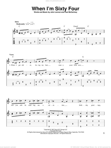 Beatles When Im Sixty Four Sheet Music Intermediate For Guitar Solo
