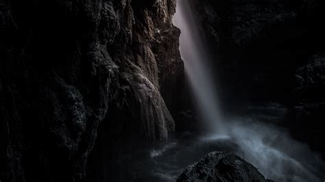 Download Wallpaper 1920x1080 Waterfall Rock Cave Dark Full Hd Hdtv