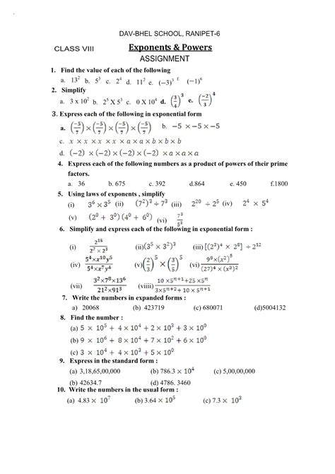 Cbse Math 8th Exponents And Powers Worksheet