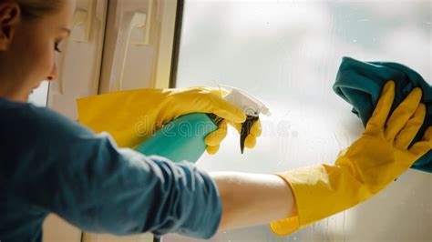 girl cleaning window at home using detergent rag stock image image of blue window 124719449