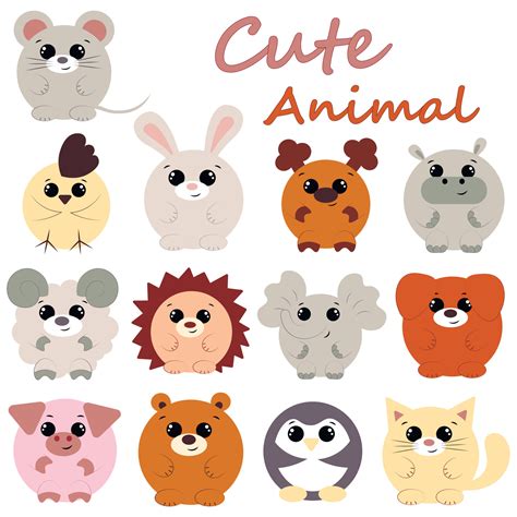 Set Cute Cartoon Round Animals Draw Illustration In Color 8094565