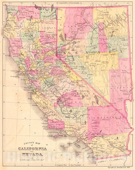 Historic Map 1881 County Map Of California And Nevada Vintage Wall