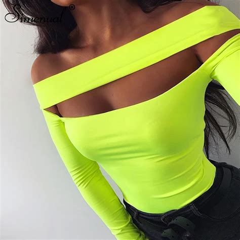 Buy Simenual Neon Color Sexy Hot Bodysuit Women Long Sleeve Casual Rompers Off