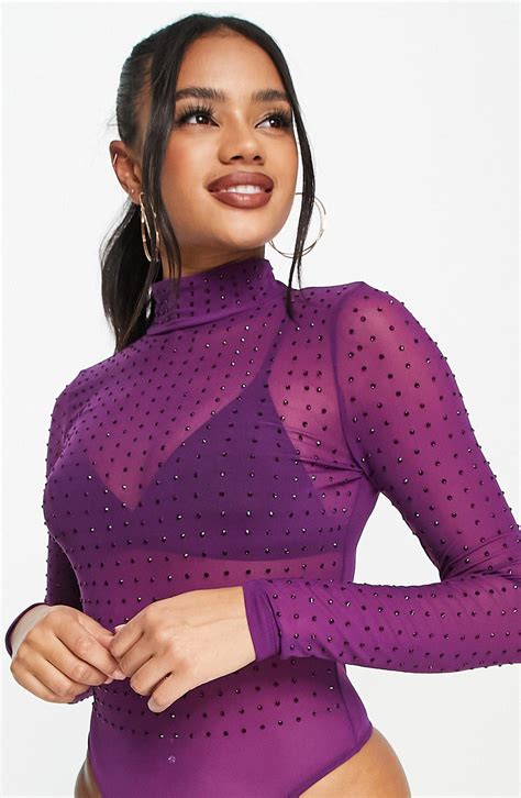 Asos Embellished Mock Neck Sheer Mesh Bodysuit In Purple Lyst