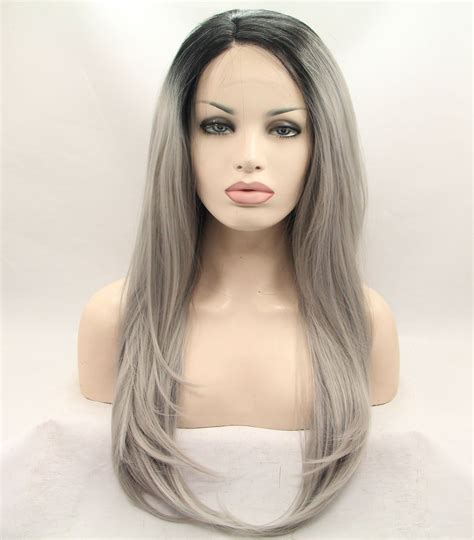 Fennell Long Ombre Dark Root Gray Natural Straight Synthetic Lace Wig
