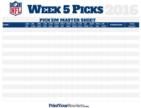 Nfl Week 5 Picks Master Sheet Grid