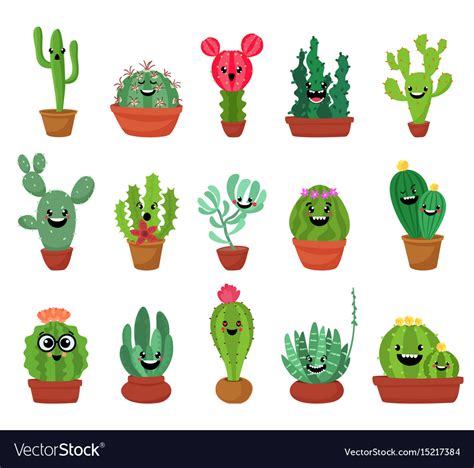 Big Set Cute Cartoon Cactus And Succulents Vector Image