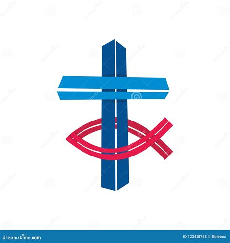 Church Logo Christian Symbols Cross And Jesus Fish Cartoon Vector