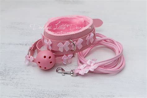 Ddlg Pretty Pink Furry Bdsm Bondage Collar Leash And Ball Gag Etsy