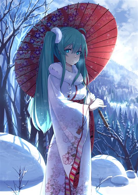 Vocaloid Hatsune Miku Forest Traditional Clothing Kimono Umbrella