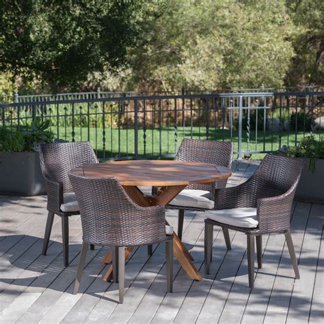 Raymond Outdoor 5 Piece Wicker Round Dining Set With Teak Finished
