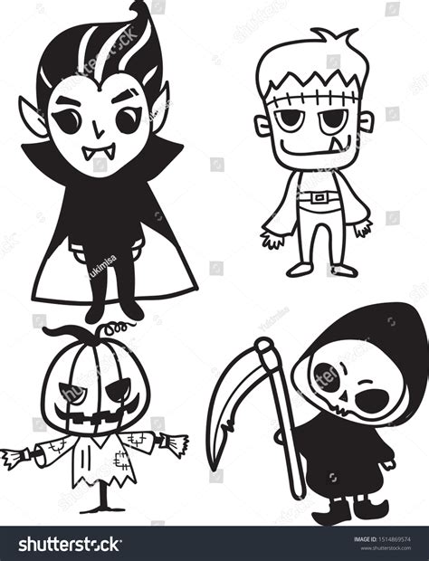 Set Cartoon Characters Halloween Hand Drawn Stock Vector Royalty Free