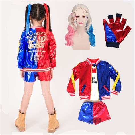 Harley Quinn Costumes Cosplay Kids Girls Set With Wig Gloves Suicide