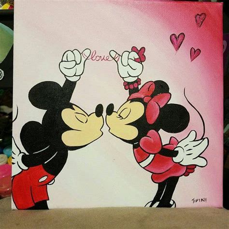 A Mickey And Minnie Mouse Kissing Each Other On A Pink Background With Lots Of Hearts