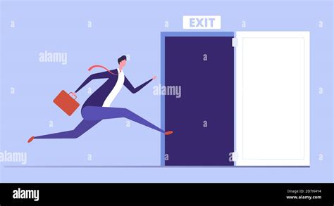Businessman Run To Open Exit Door Emergency Escape And Evacuation From
