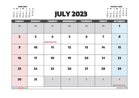 July Calendar 2023 Template Printable Word Searches