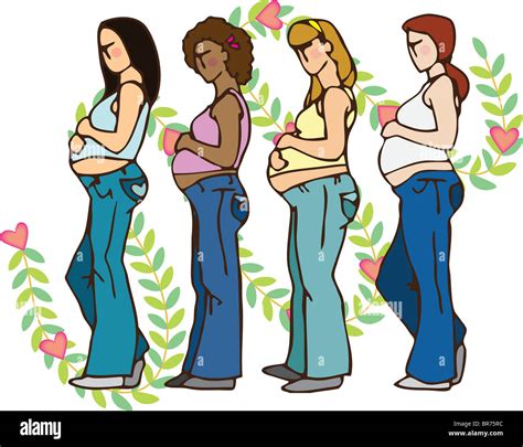 side view of four pregnant woman holding their bellies with leaves and hearts in the background