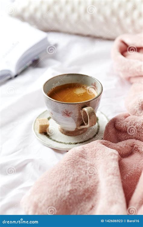 A Cup Of Morning Coffee In Bed Stock Image Image Of Pink Brown