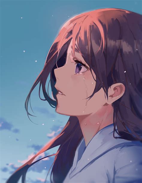 Anime Girl Teary Eyes Semi Realistic Brown Hair Anime