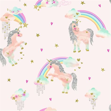 Girls Wallpaper Themed Bedroom Unicorn Stars Heart Glitter Chic Feature